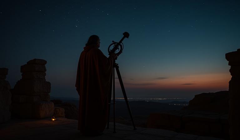 An ancient scholar using a primitive sighting tool to map the movement of planets at dusk