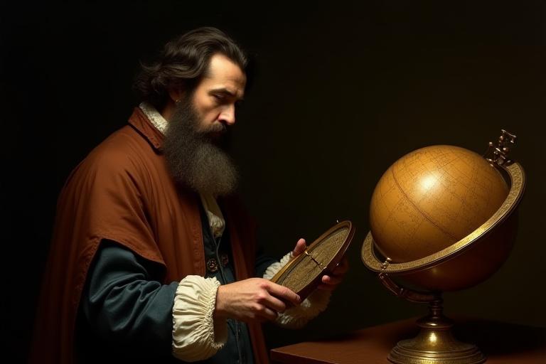 Historical portrait study of Johannes Kepler with astronomical instruments