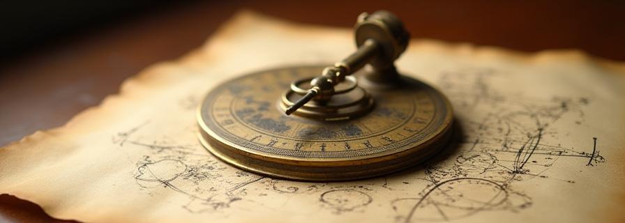 Close-up of a vintage bronze astrolabe on parchment